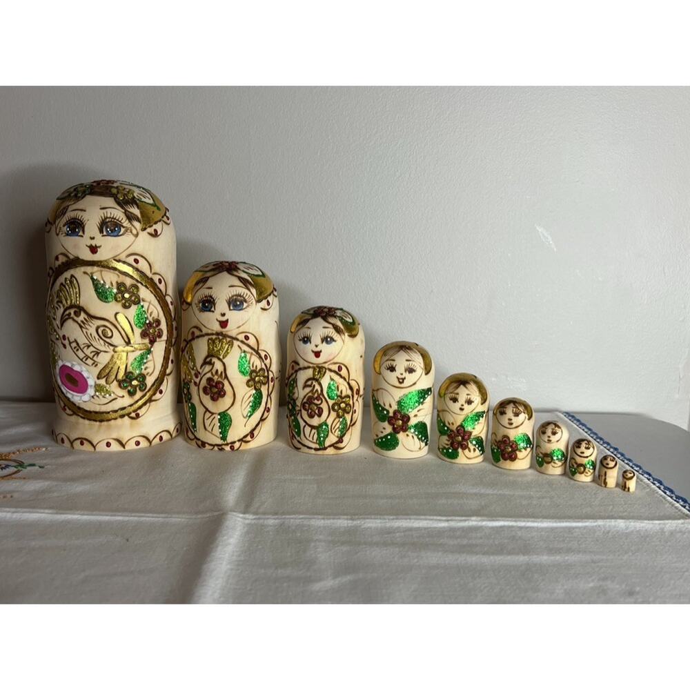 VTG Gold Russian Matryoshka Nesting Dolls Set Of 10 Wooden Hand Burnt 8”